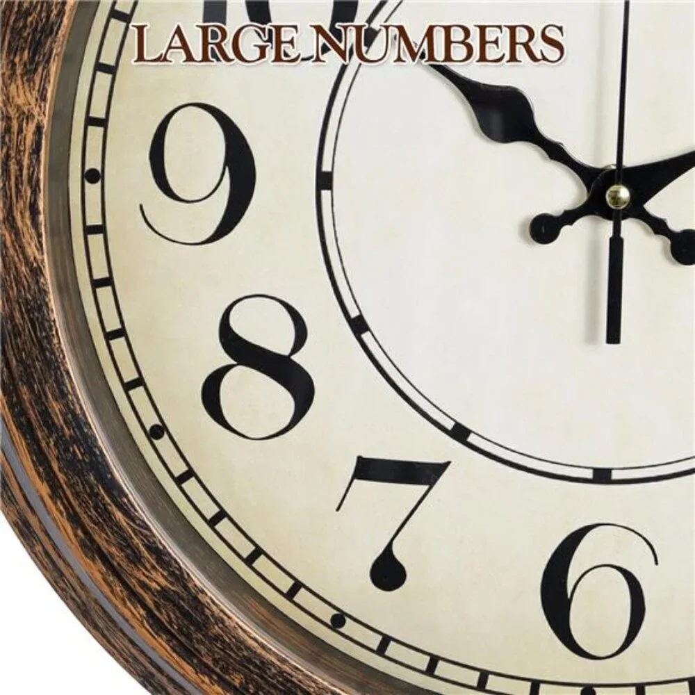 Retro Silent 14 Inch Wall Clock Non Ticking, Rustic Vintage Clock Quartz